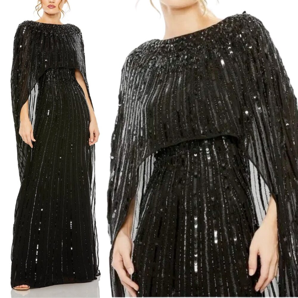 Mac Duggal 93869 Womens Size 20 Black Beaded‎ Column Cape Gown Long Maxi Dress